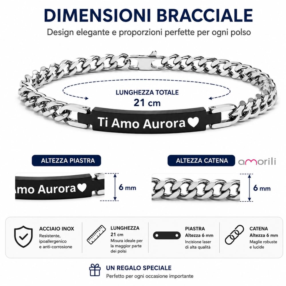 Bracciale Uomo Personalizzato con Incisione Acciaio Inox Maglia Cubana Grumetta – Braccialetto Elegante con Nome Data Dedica – Catena Maschile Regolabile – Idea Regalo Uomo