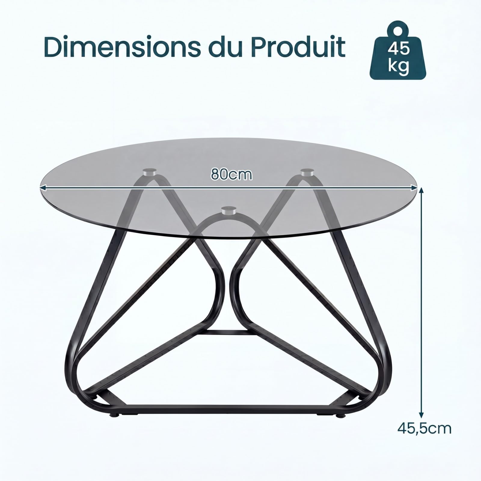 RELAX4LIFE Table Basse Ronde 80 CM en Verre Trempé, Table de Salon Ronde Transparente avec Cadre Métallique, Design Moderne Géométrique, Coussinets de Pied Réglables, pour Maison Appartement (Noir)