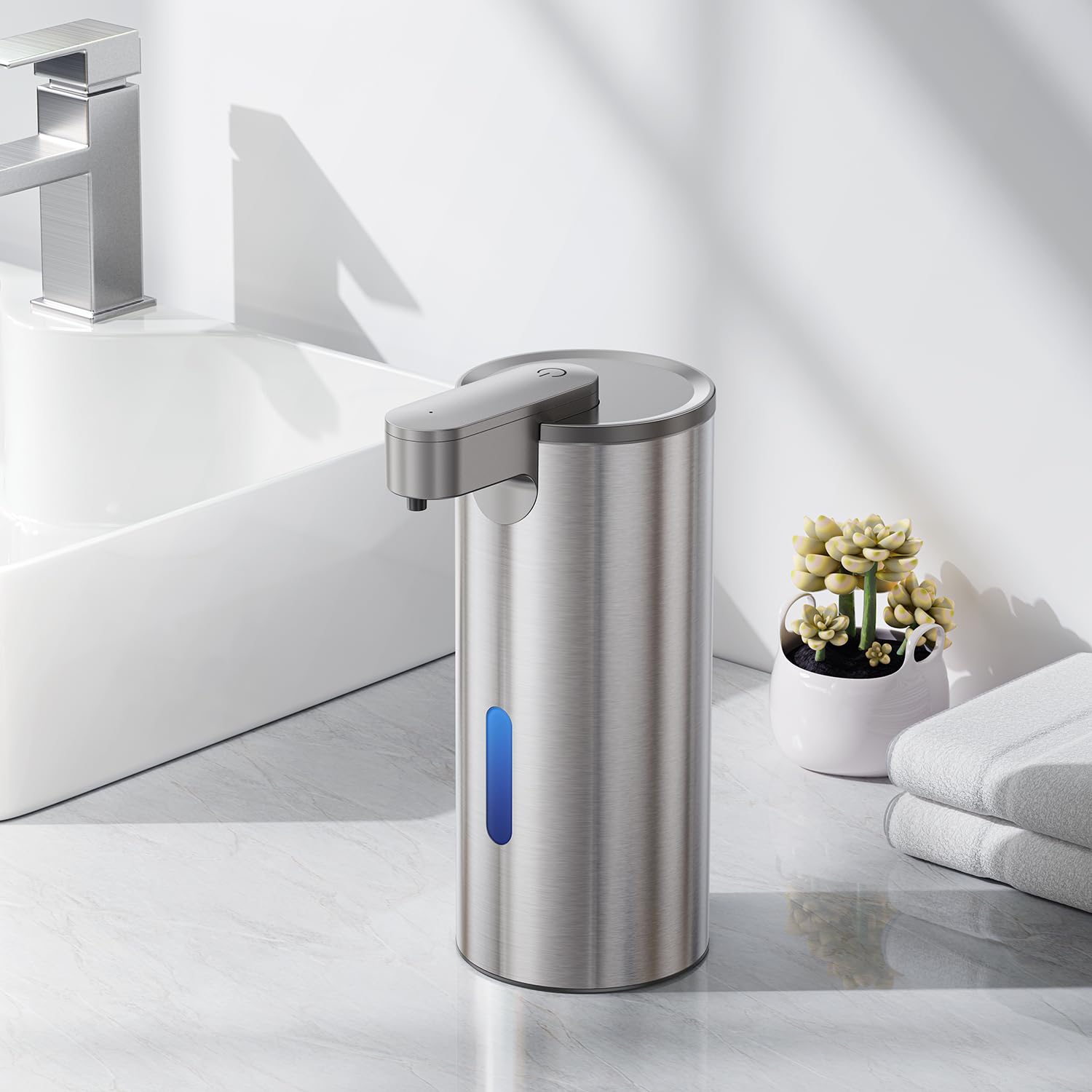 Fantictas Distributeur de savon automatique sans contact, en acier inoxydable, 3 niveaux, réglable à 3 niveaux, avec pompe à capteur rechargeable, pour savon liquide de cuisine et de salle de bain