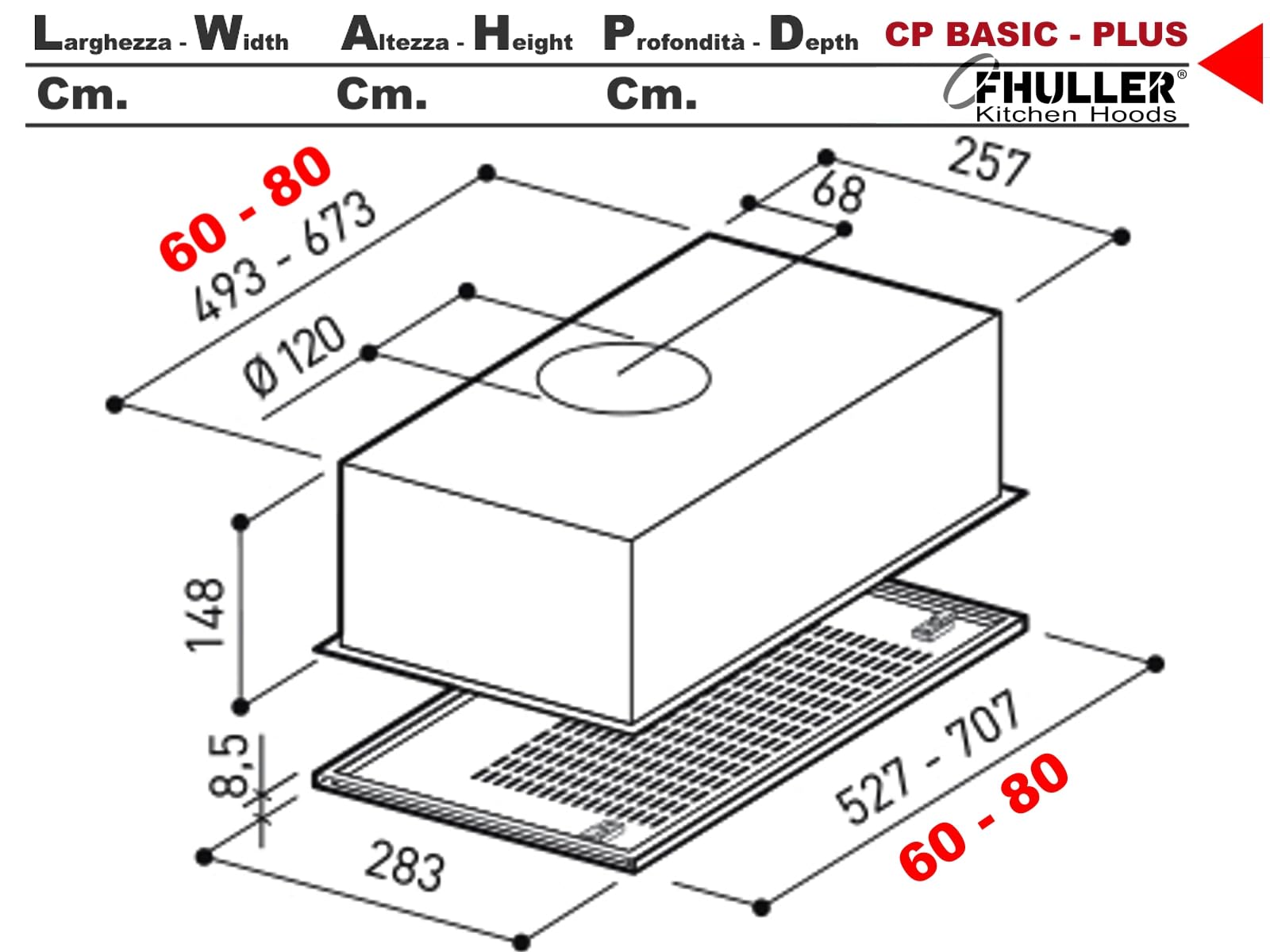 Cappa Gruppo Incasso CP BASIC 60 K102R0188, Cappa Sottopensile 60 cm, MOTORE 263 m³/h, Comando Meccanico Slider LED 2.5W, Classe D, Finitura Grigia
