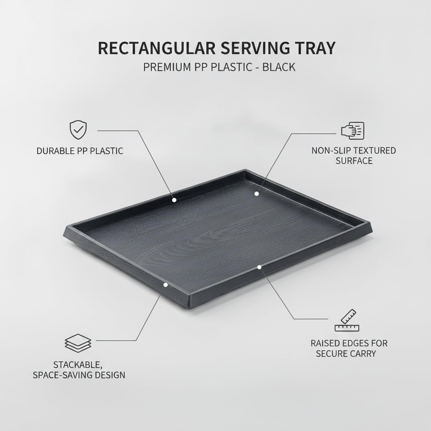 Bandeja rectangular de plástico PP para uso doméstico o comercial, efecto de grano de madera negra, diseño duradero para servir, organización y almacenamiento, solución versátil de cocina y oficina