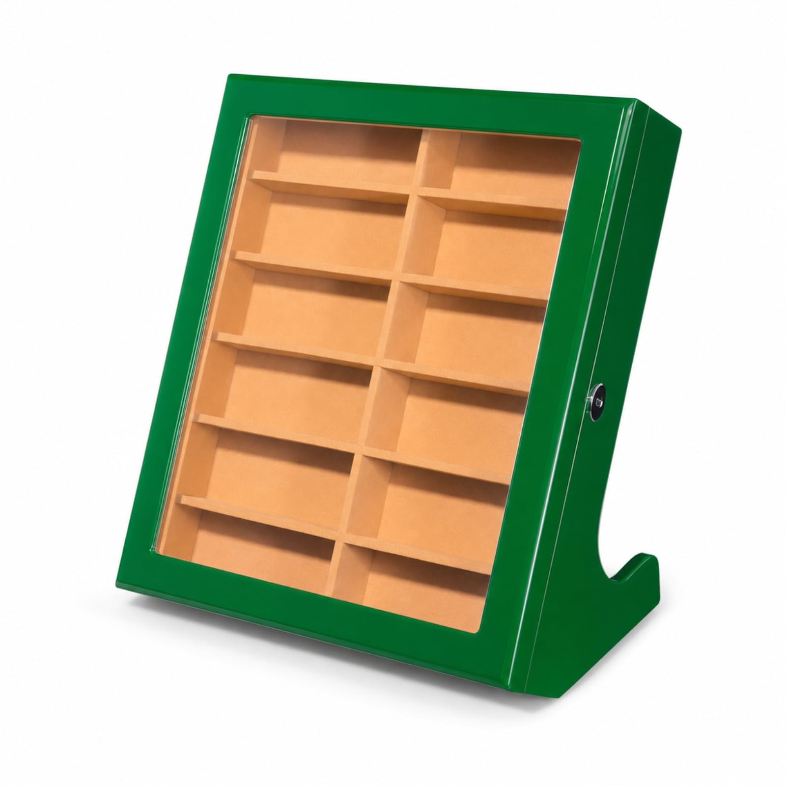 Brillendisplay aus 12 Fächer Brillenaufbewahrungsbox abschließbar Brillen-Organizer für Brillenträger, Sammler, Kommode, Array, Grün Lackiert, Dunkler Samt, Klappdeckel