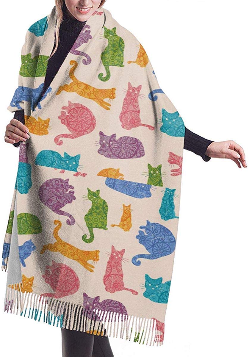 Fjqwklf Unisex As Pic Women Pashmina Wrap Scarf, Scarf Colorful Cats Pattern Cozy Soft Fashion Winter Warm Large Scarf Long Shawl