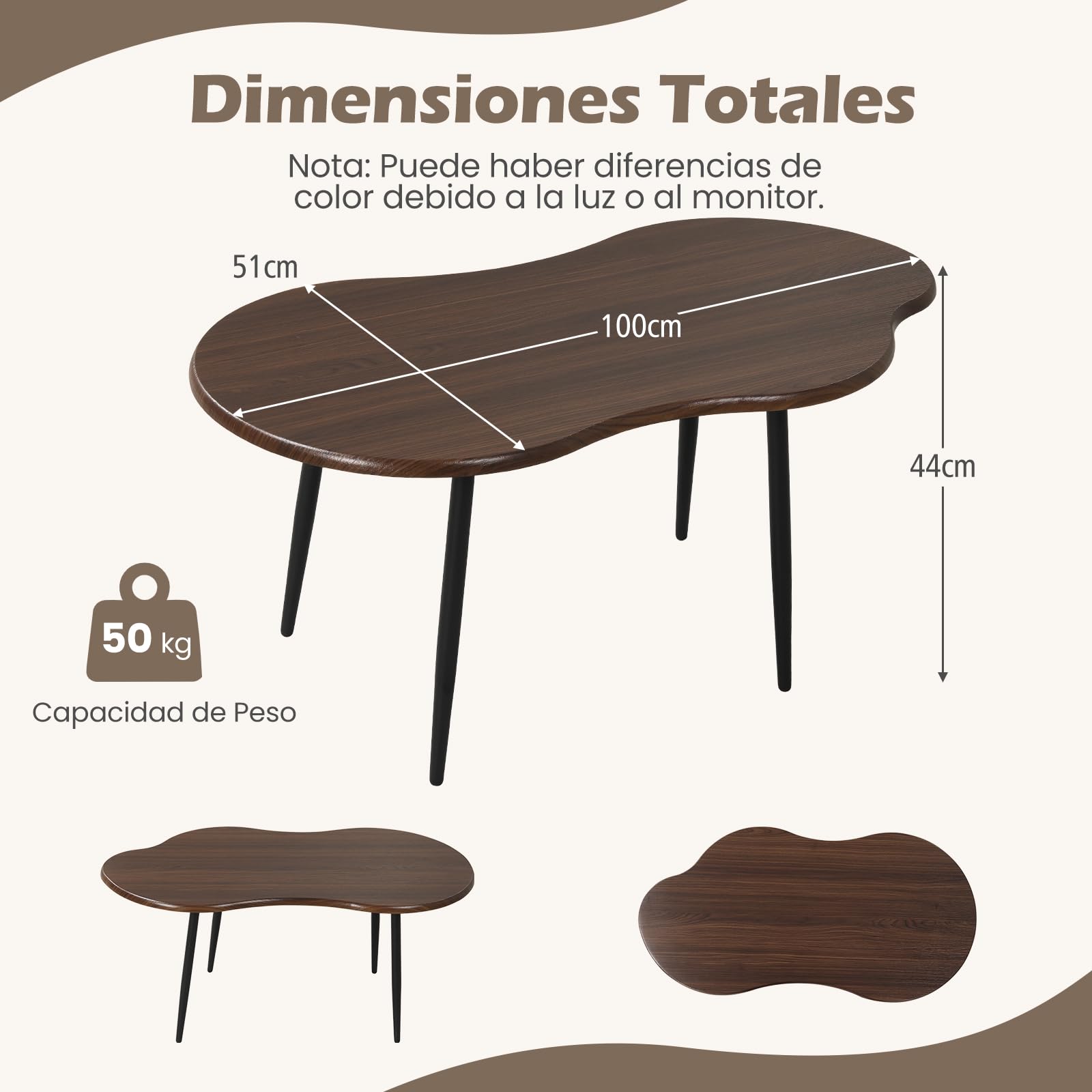 COSTWAY Mesa de Centro con Forma de Nube, Mesita Central Irregular Moderna con Estructura Metálica, Mesita Auxiliar de Madera Decorativa para Saon Oficina Espacios Pequeños, 100 x 50 x 44 cm (Nogal)