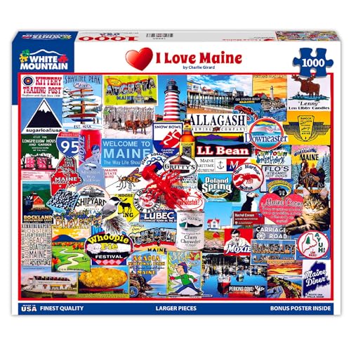 Rompecabezas White Mountain de 1000 piezas: Costa de Nueva Inglaterra, 'I Love Maine', piezas grandes, regalo para adultos y familia, 24" x 30"
