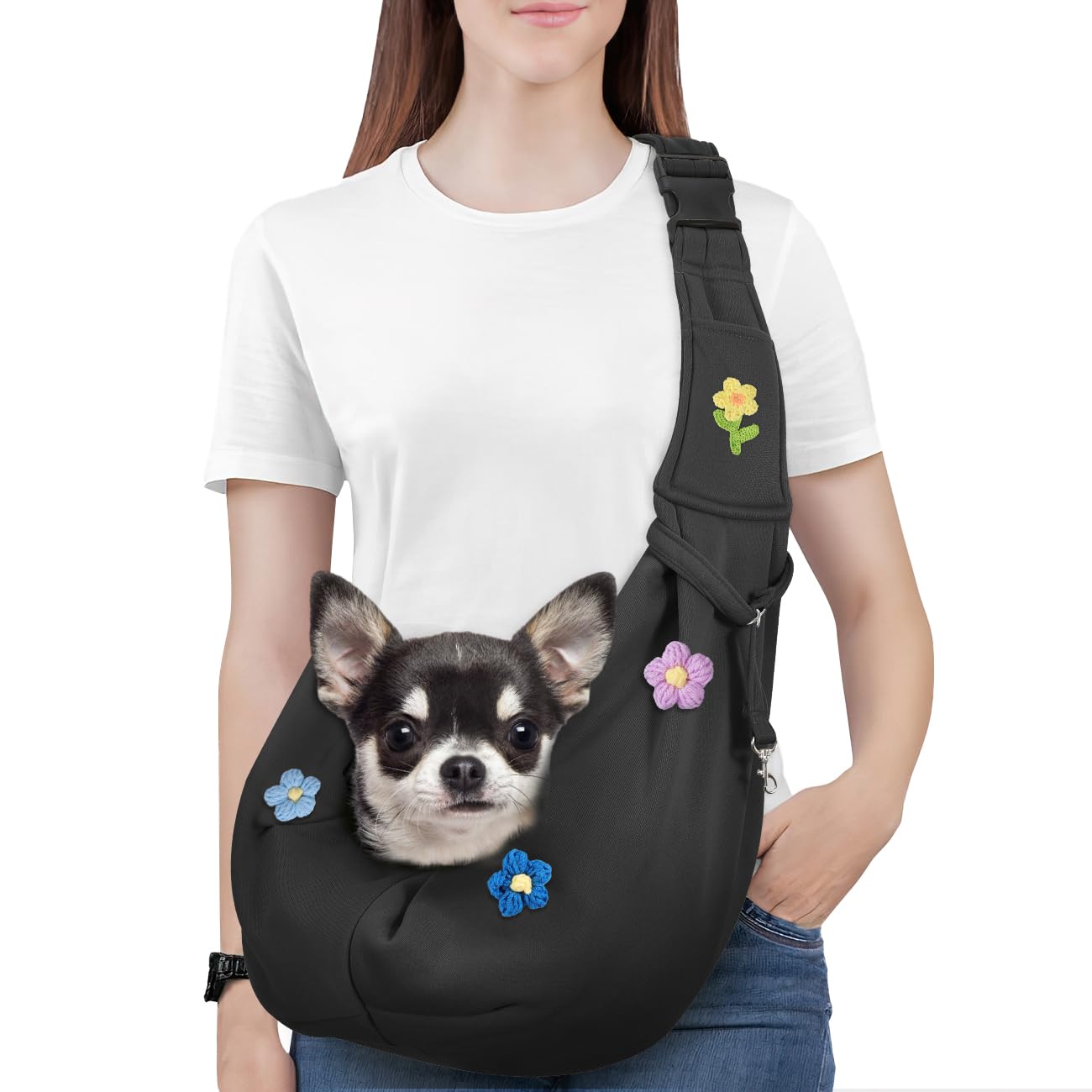Pawaboo Borsa a Tracolla per Cani con Fibbia Regolabile Portacarte a Mani Libere, Guinzaglio di Sicurezza per Cuccioli e Gatti, Tracolla Extra Larga Porta-Animali, Fino a 12 Lbs, Fiori + Nero