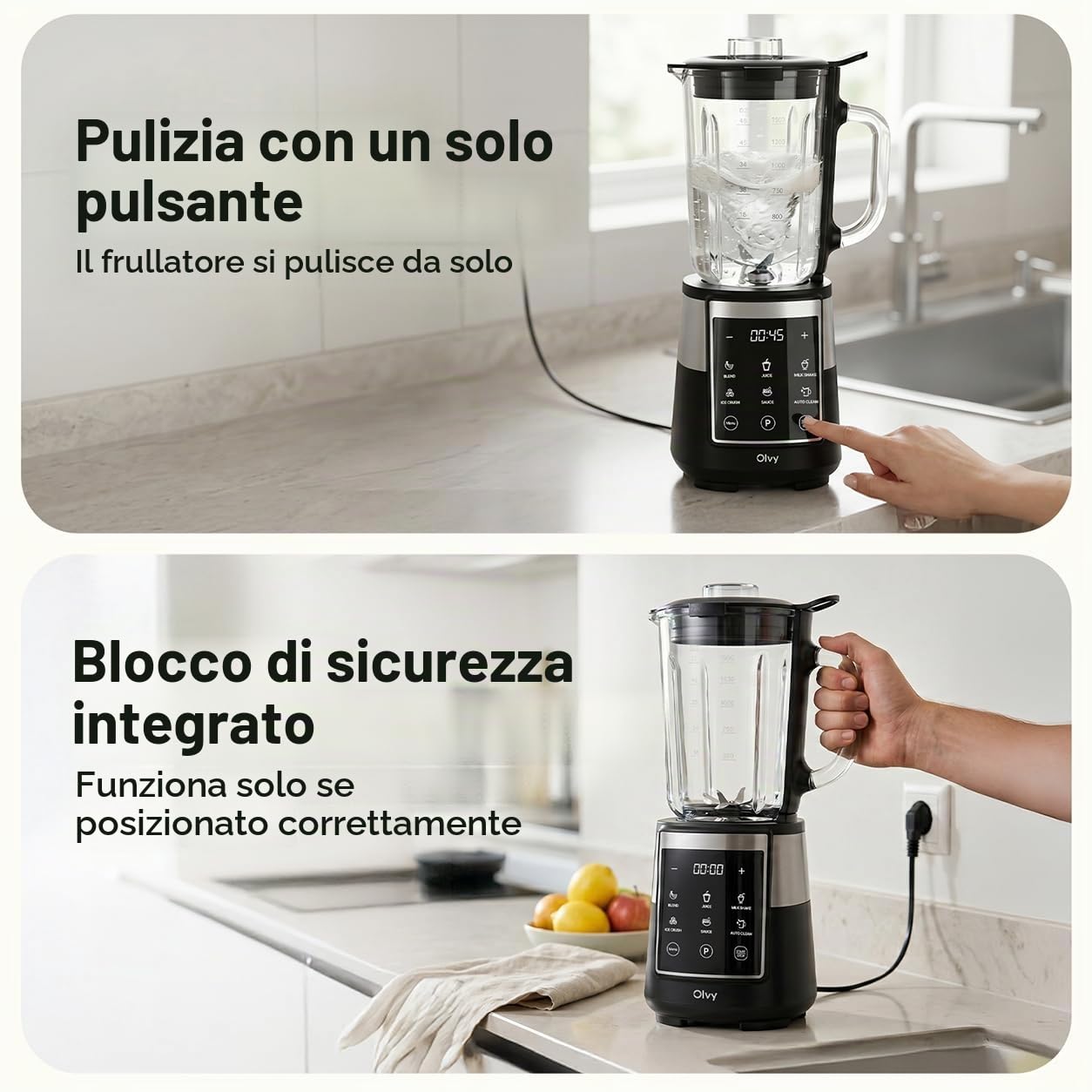 Olvy Frullatore Smoothie Maker 1500ml Vetro To-Go Timer LED 6 Lame-Black