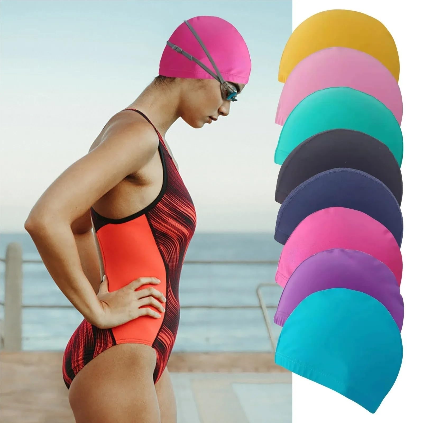 Gorro de natación Nailon elástico, Protectores oídos Pelo Largo, Gorro Piscina Delgado, Accesorios, 2 uds para Uso En Piscinas