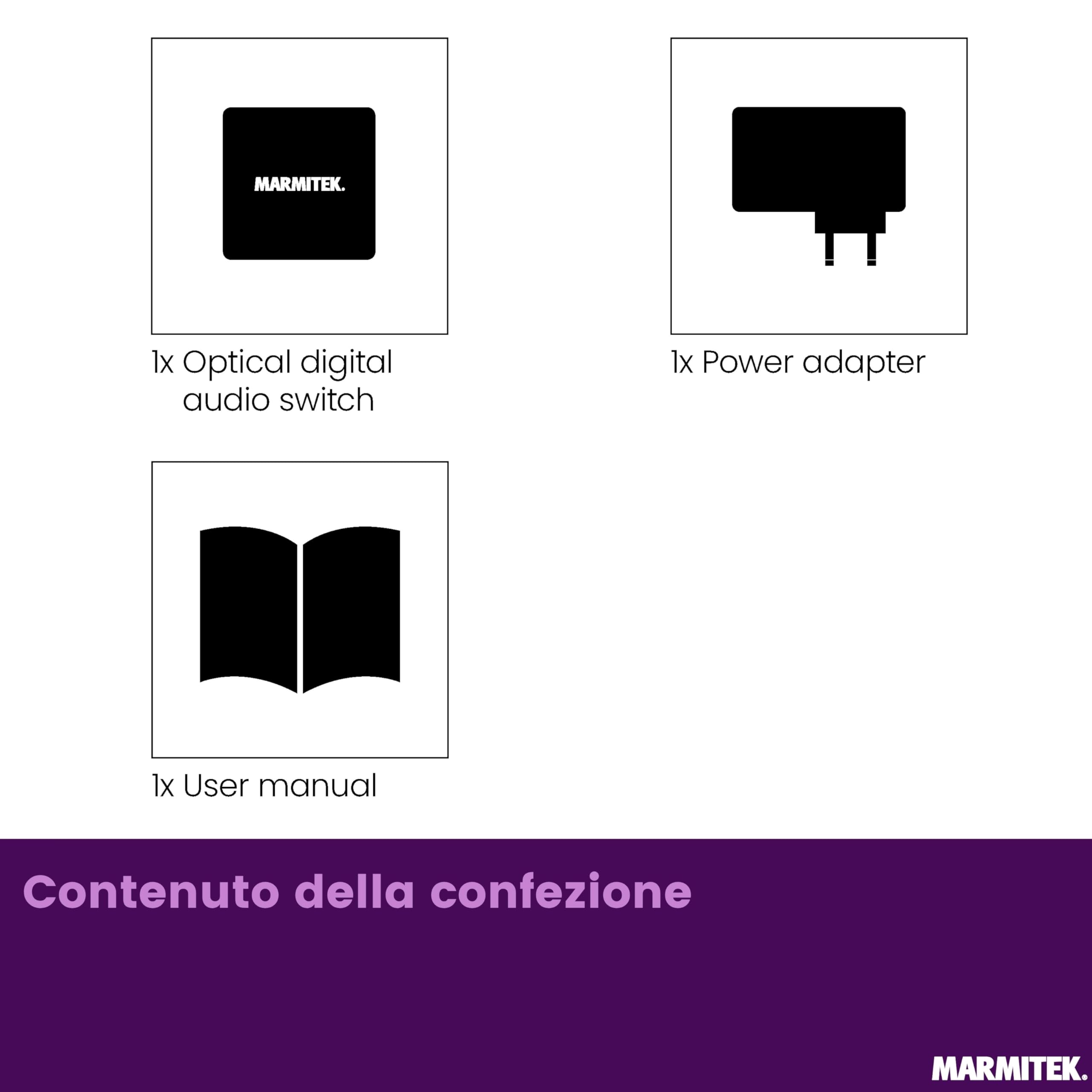 Toslink Audio Switch - Marmitek Connect TS21 - Audio Soft Optical - 2 In / 1 Out - S / PDIF - Frequenza di campionamento 192 kHz - Dolby Digital - DTS - Switch per cavi in ​​fibra ottica | Commutatore audio ottico per TV, amplificatore e home cinema, senz