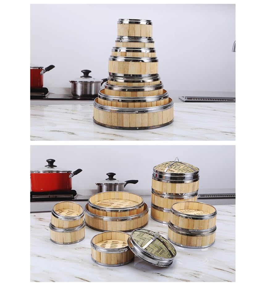 Vaporiera In Bambù - 2 Pezzi Con Coperchio E Panni, Ø 21cm | Cottura A Vapore Sana Per Riso, Pesce, Verdure - Foto 5