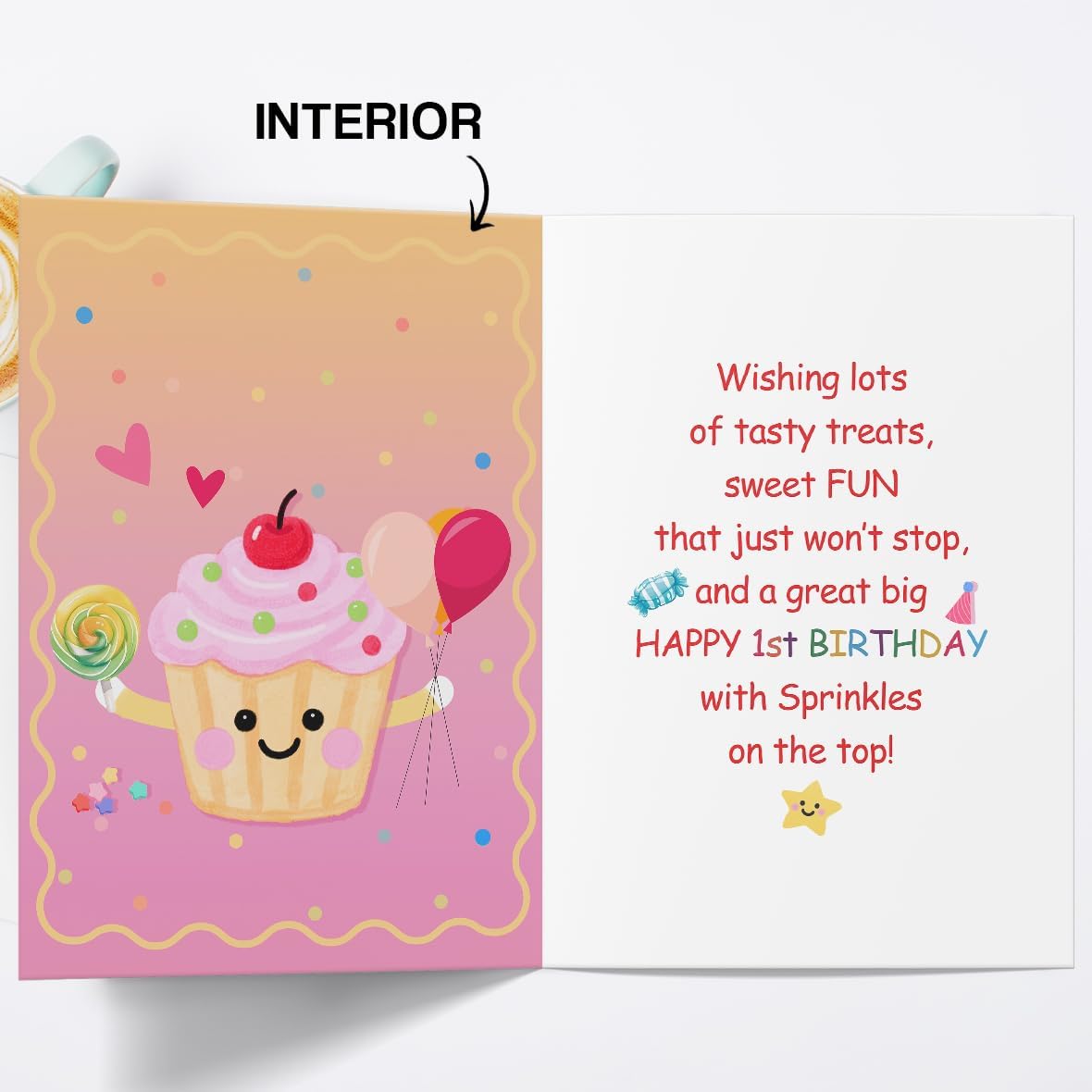 1st Birthday Card for Girl,1 Year Old Birthday Gifts,Cupcake and Candy First Bday Decorations for Her - Image 2