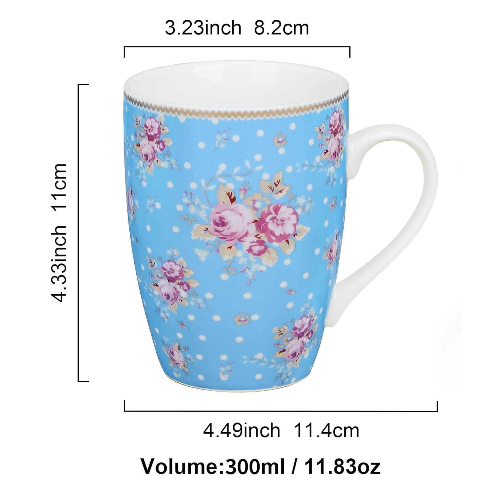 fanquare 350ml Juego de Tazas de Café de Porcelana Floral con Asa, Grande Tazas de Té Azul y Blanca, Juego de 4