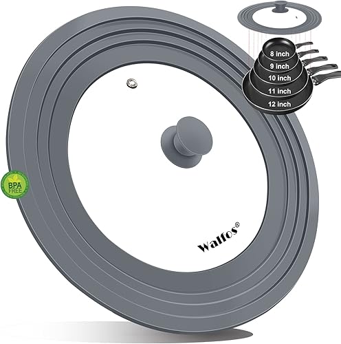 Tapa universal para ollas, sartenes y sartenes, tapa de sartén de vidrio templado Walfos con borde de silicona resistente al calor, tapas grandes