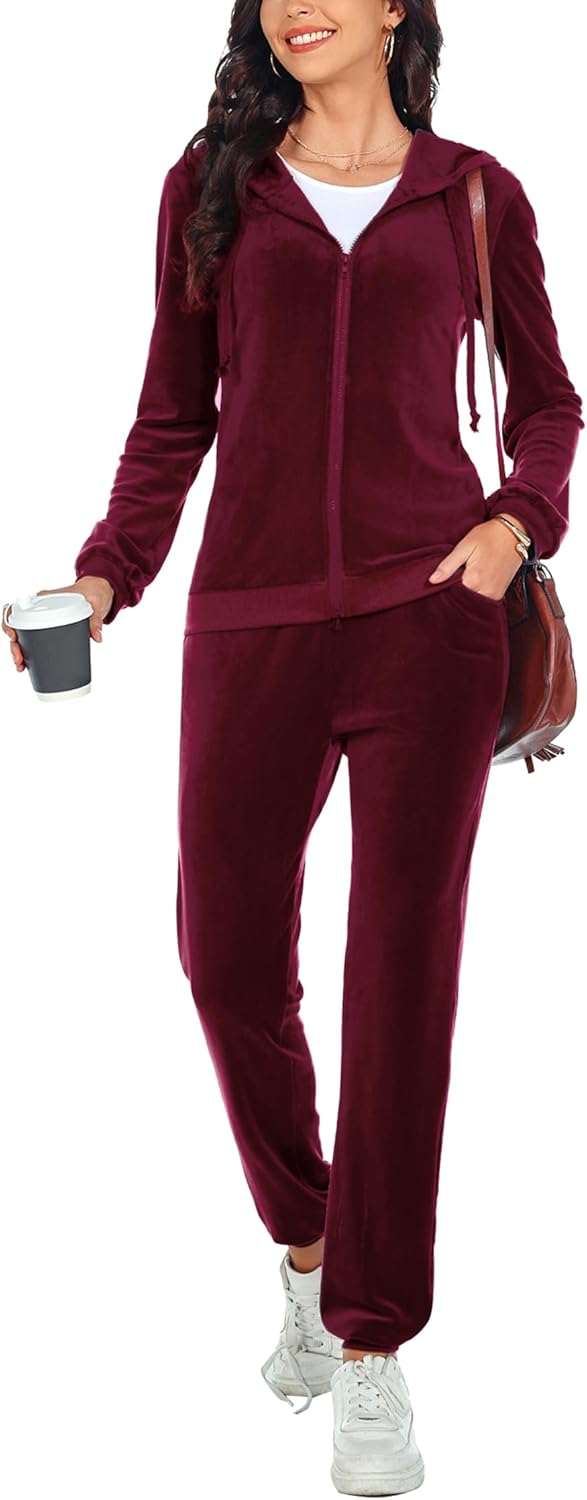 Womens 2 Piece Sweatsuits Set Velvet Long Sleeve Zip Up Track Suits Jogging Suit
