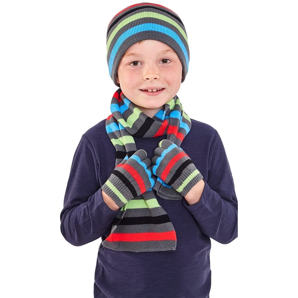 Younger Boys Girls Striped Winter Pom Pom Beanie Hat Scarf Gloves Set UK Seller - Grey Stripe - One Size 2-6 Years