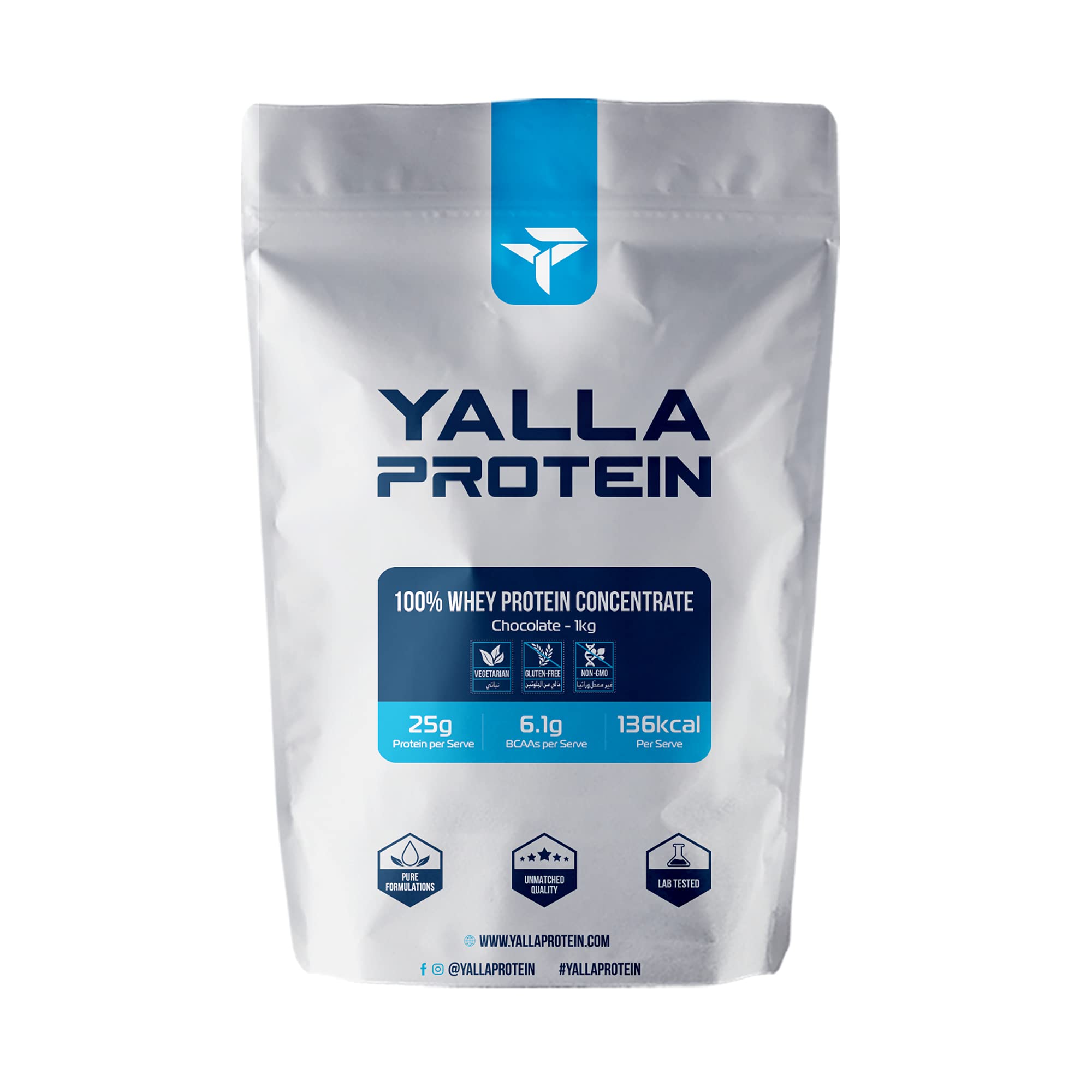 Yalla Protein 100% Whey Protein, GMO Free, Hormone Free, Pure Whey Protein Powder, 76% Raw Protein Content, 26g of Protein per Serving, 1kg (2.2lbs) (Chocolate)