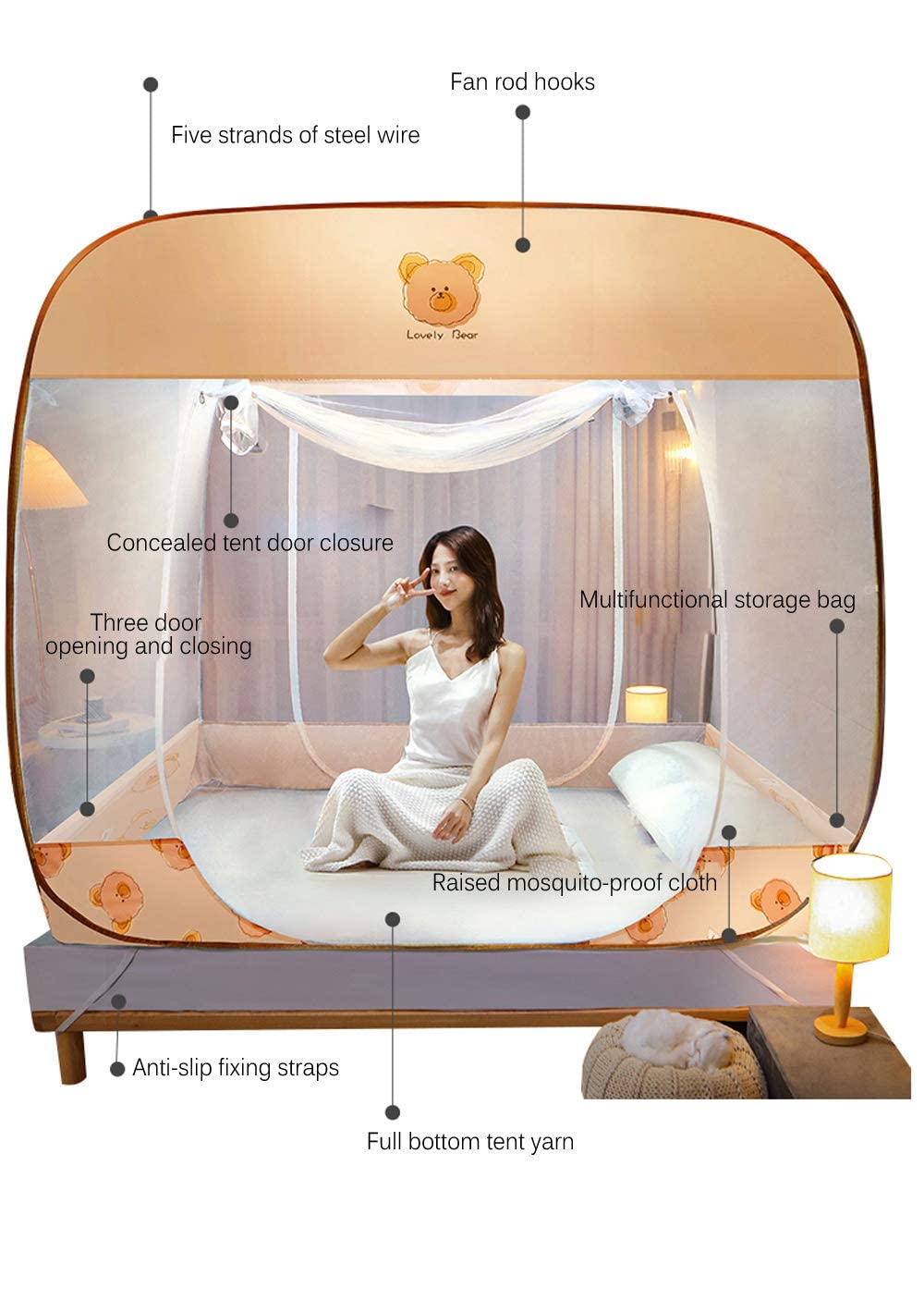 Mosquitera Plegable emergente para Cama, Dosel portátil para Viajes, para Cama Individual/Doble, Tienda de campaña, 1,2 * 2 m, 6