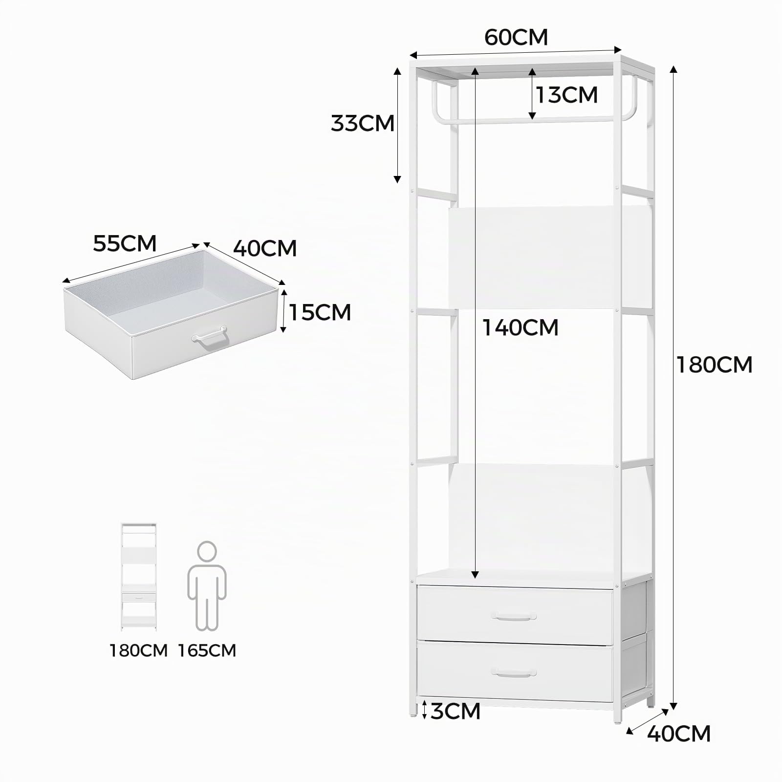 VOWNER Porte Manteau Meuble Entrée Portant Vetement 2 Tiroirs 4-en-1 | Cadre en acier avec tringle et étagères, 60 x 40 x 180 cm pour couloir, chambre