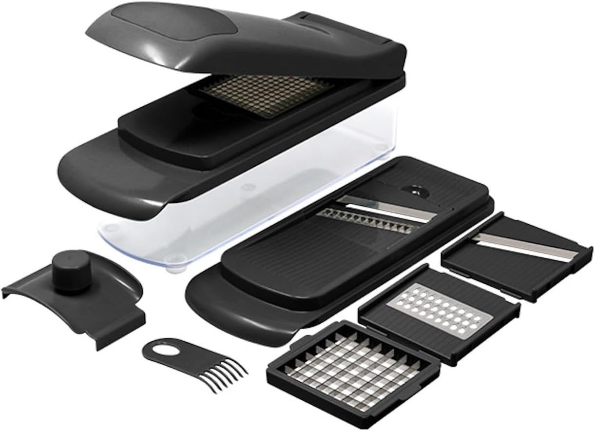 Picador de verduras, espiralizador, rebanador multifuncional con 5 cuchillas, recipiente de almacenamiento de alimentos y protector de mano, ideal