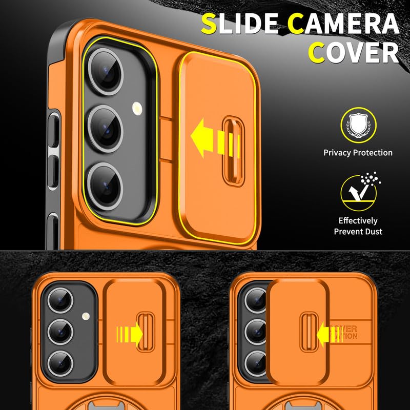 Image of LuxuryKase Shockproof Rugged Case for Samsung Galaxy S24 Plus | Slide Camera Cover | 360 Rotating Ring Kickstand | Military-Grade Protection - Sunset Orange