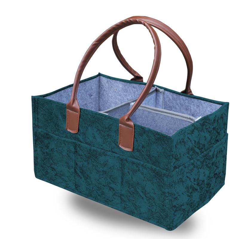 MetDeals Premium Felt Baby Diaper Caddy Bag with PU Leather Handle with Removable Divider | Baby Essentials Organizer for Diapers,Wipes,Toy,Clothes(Spray Teal Blue - 15X10X8 Inch)-image-5