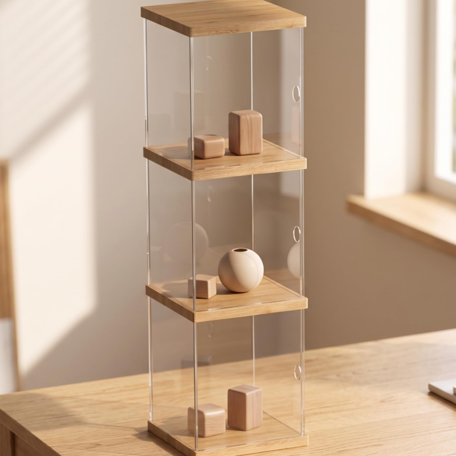 Espositore per Modellini Antipolvere, Espositore A Due Livelli con Struttura in Legno E Pannelli Trasparenti, Altezza 365 Mm