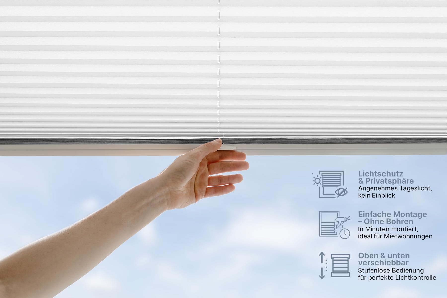PLISART Tenda Plissettata Klemmfix Senza Fori, 90x110 cm, Bianco, Tessuto Perlato, Montaggio a Clip, Protezione Solare e Privacy, Kit di Montaggio Incluso