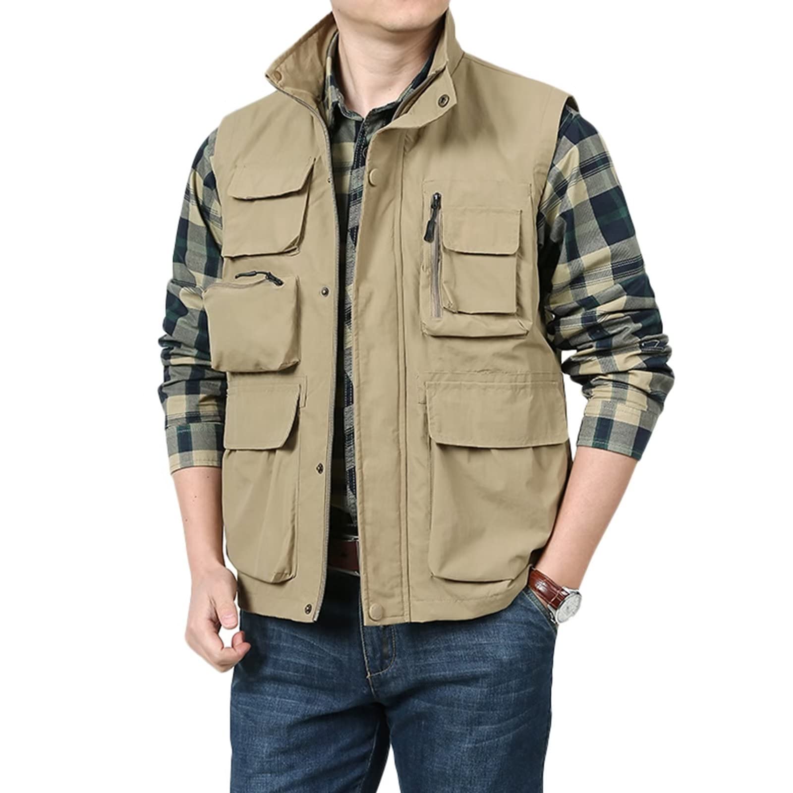 Hombre Chaquetas sin Mangas Chaleco Multibolsillos de Secado Rápido Chaleco Exterior Chaleco de Pesca Acampa Fotografía Impermeable