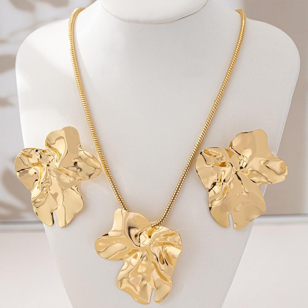 Chunky Big Gold Earrings Statement Choker Necklace Jewelry Set for Women, Charm Large Irregular Geometry Pendant Bold Stud Party Prom Accessories Gift - Image 6