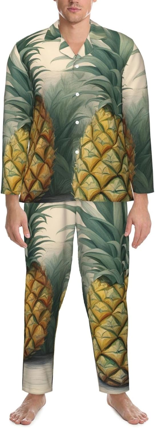 Pineapple Print Luxurious Mens Pajamas Set,Breathable Pajamas Set,Perfect For Lounging Bed,Sofa