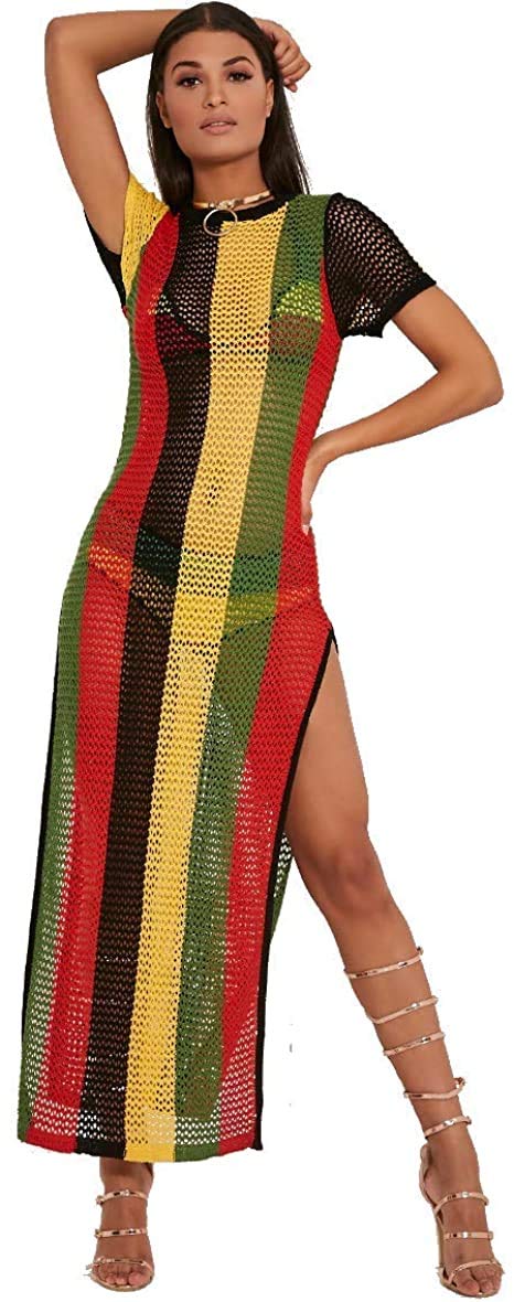 Clossy London 100% Cotton Ladies Rasta Jamaican Work Work String Mesh Fishnet Dress Slit See Through Multicoloured Black Red Green Yellow Hip Hop Dance Club Dress (Rasta, XS)