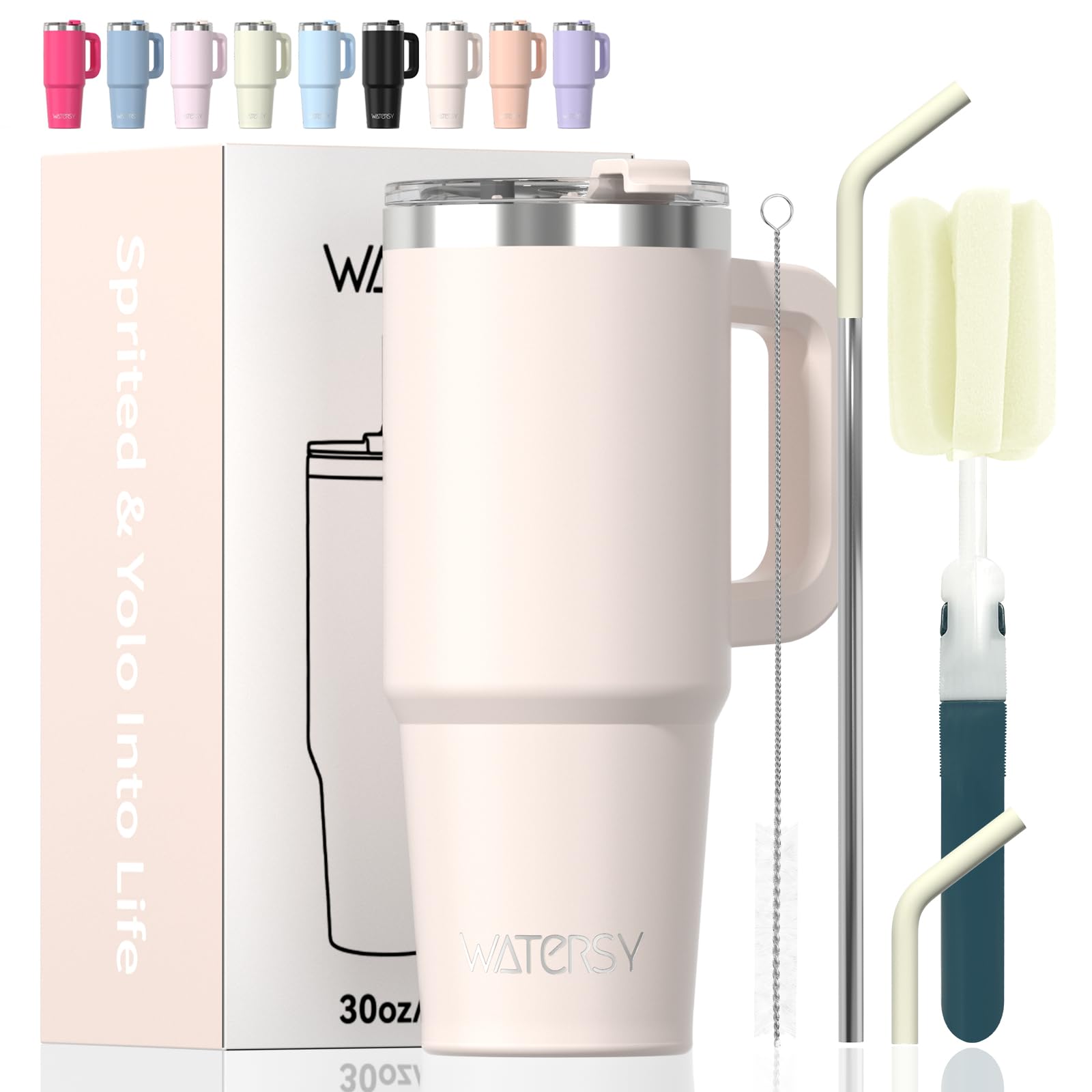 30 oz Tumbler with Handle,Tumbler with Lid and Straw,Double Wall Insulated Cup Stainless Steel Travel Mug(Cold for 34 Hours),Water Bottle for Iced Tea,Coffee,Cold Beverages(Ivory Beige)