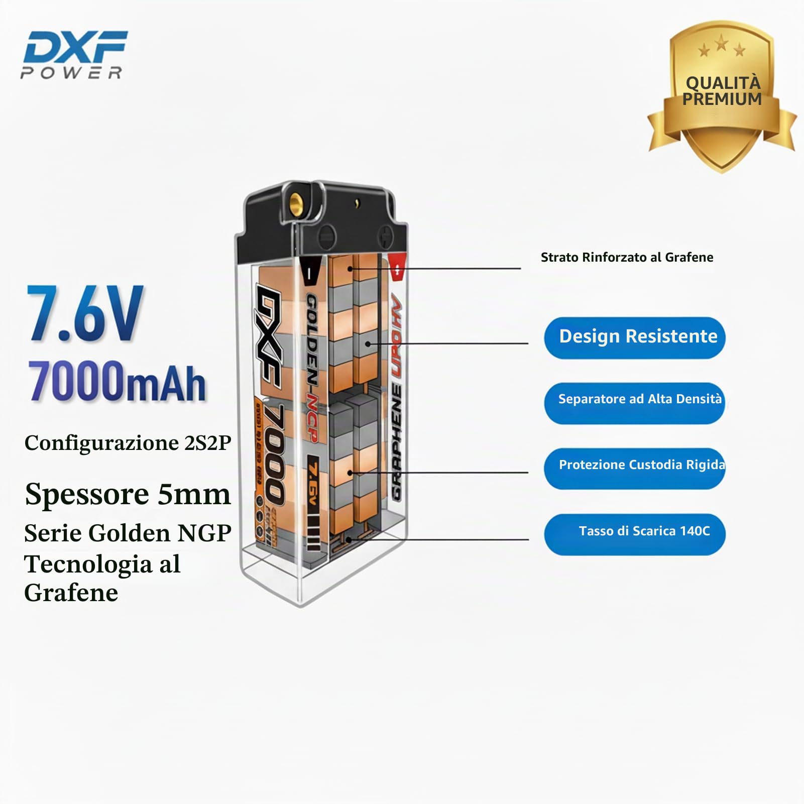 DXF Batteria LiPo 2S 7.6V 7000mAh 140C HV Corta Golden NGP Bullet 5mm Spina T Auto RC 1/8 1/10 Truck Aereo Elicottero Barca Buggy Custodia Rigida 2 Pezzi