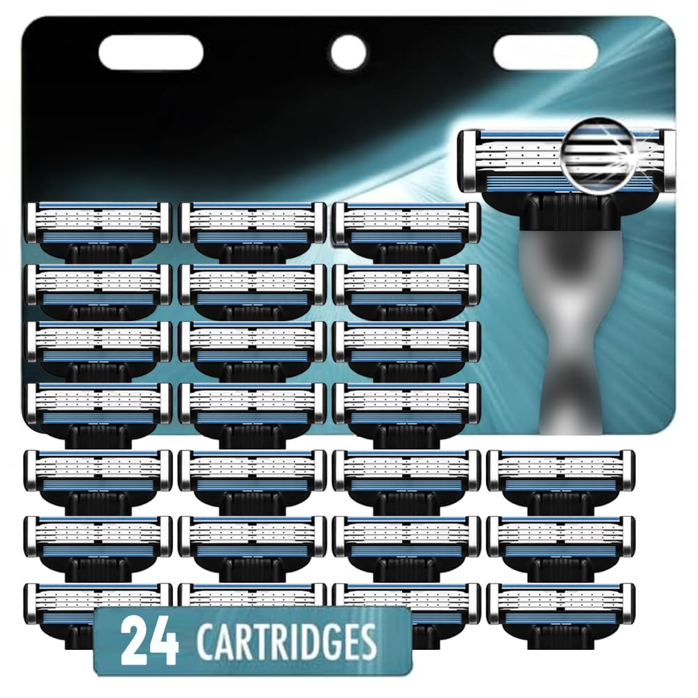 razor refills for men,razor blade refills for men - 24pcs compatible with mach 3 razor blades refills with mach3 razors, dual lubrication blades for extra close & comfortable shave