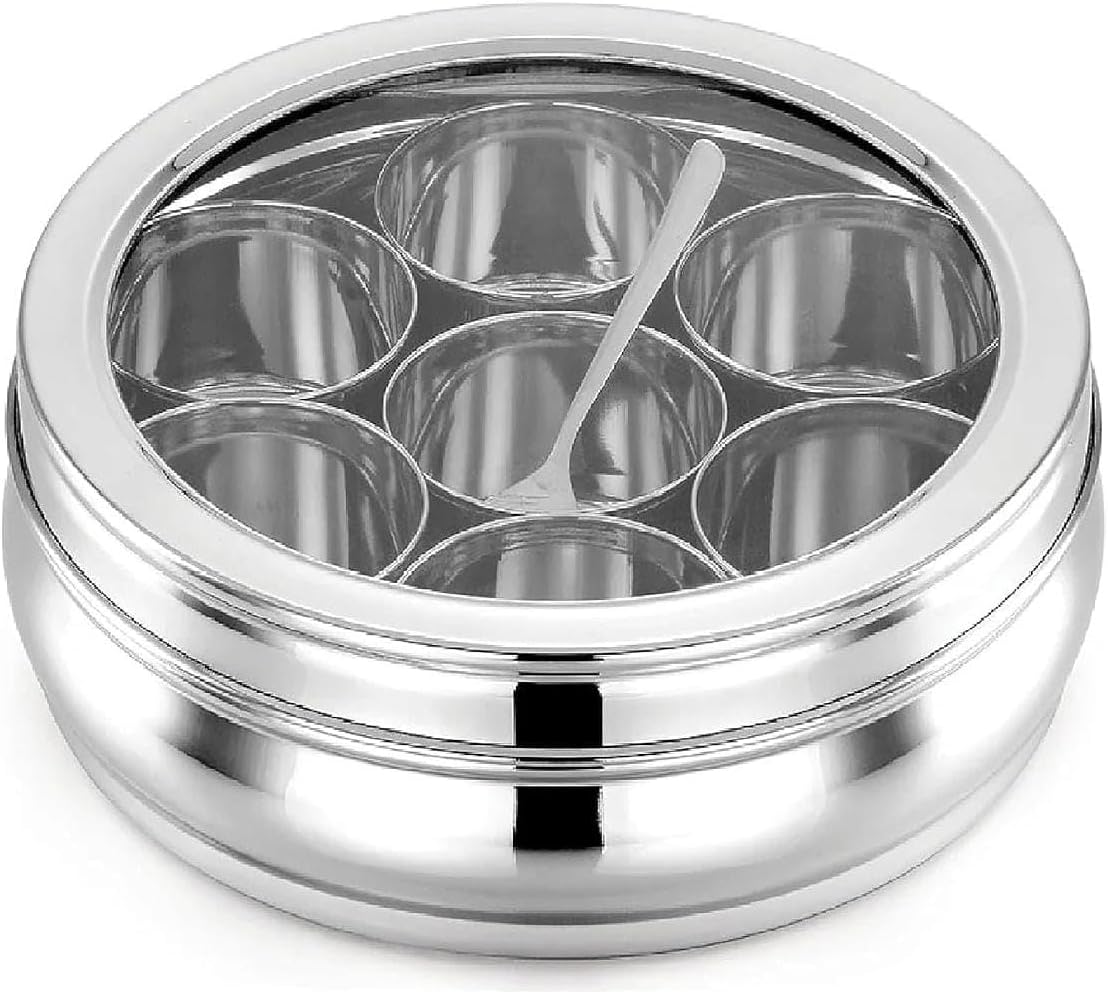 Masala Dabba | Box Stainless Steel For Kitchen Dani Spice Storage Container (Glass Lid, 1200Ml), Silver