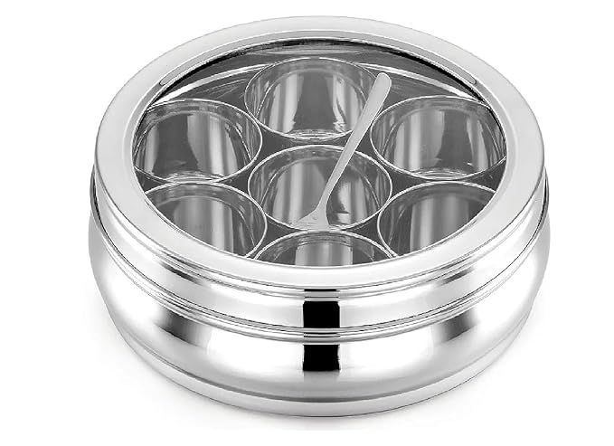 Masala Dabba | Masala Box Stainless Steel For Kitchen | Masala Dani | Spice Storage Container (Glass Lid, 1200Ml), Silver