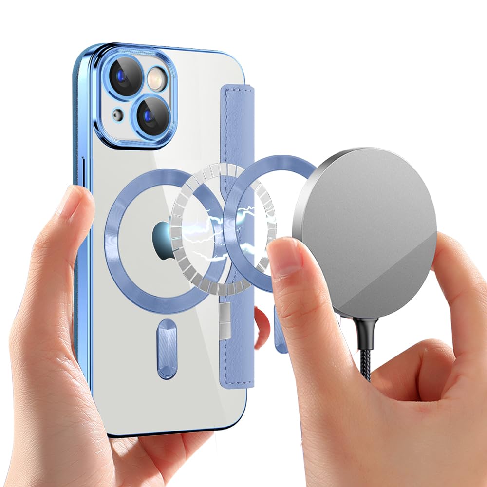 Cover Magnetica per iPhone 15 [Compatibile con MagSafe] Pelle PU Flip Portafoglio con Scomparto per Carte blocco RFID Trasparente Custodia per iPhone 15, Blu Dar Peaks JD