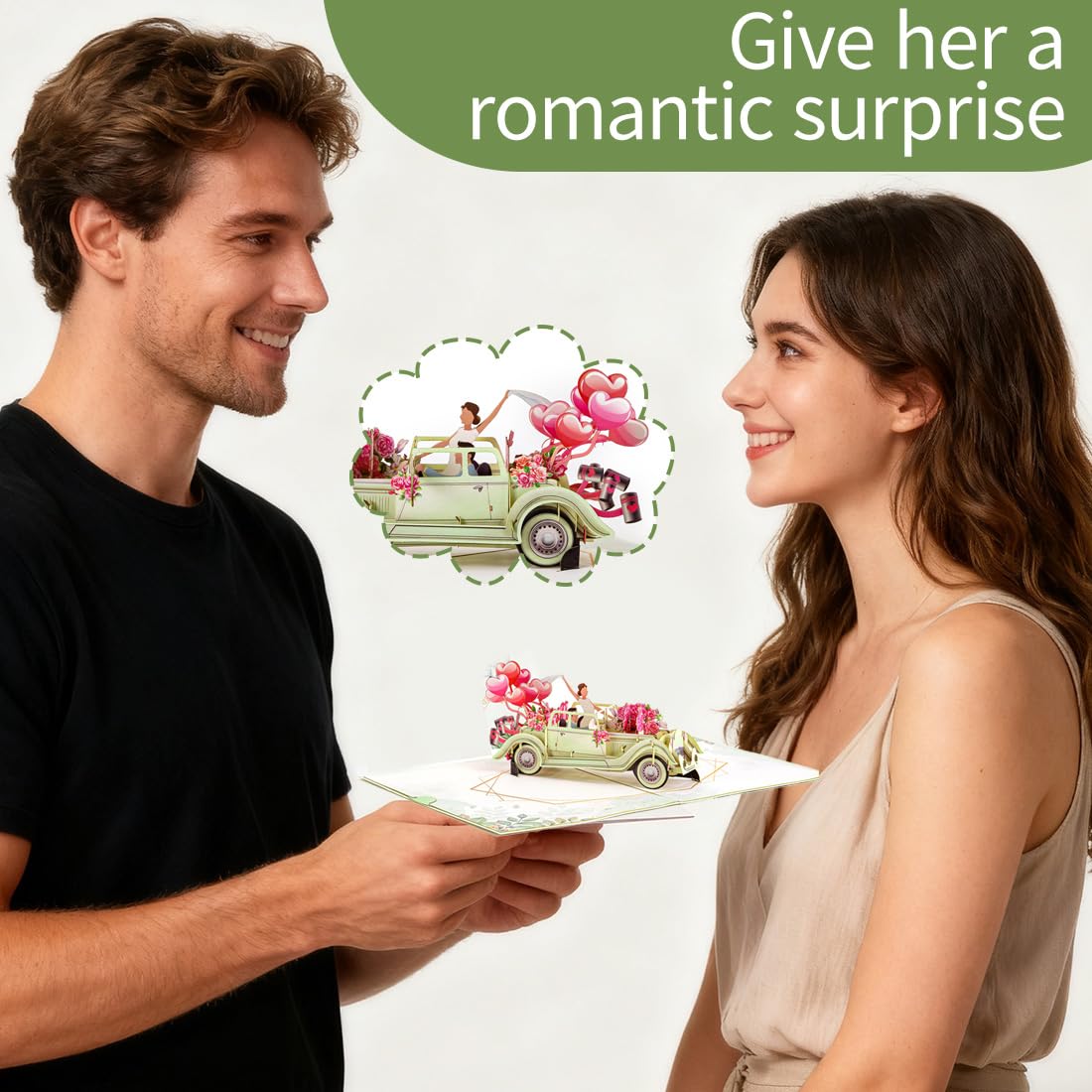Biglietto Pop-Up 3D Auto Just Married per Matrimonio, Elegante Regalo Denaro per Nozze