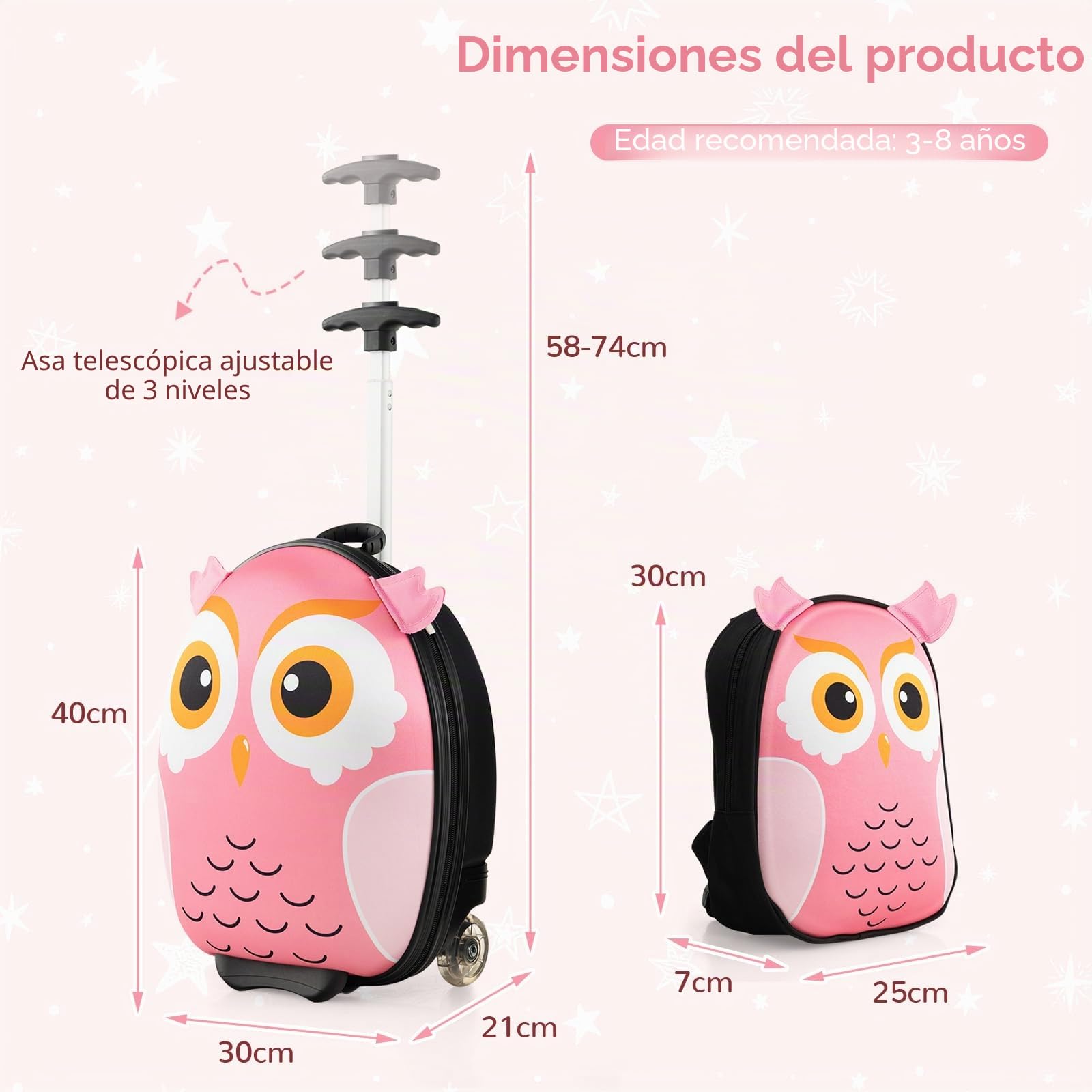 SOARS Juego de Maleta Infantil Niños, 16 '' Maleta + 12 '' Mochila, Maleta Cabina Ruedas y Asa Telescópica, Aprobado por Aerolíneas, Equipaje de Mano (Búho)