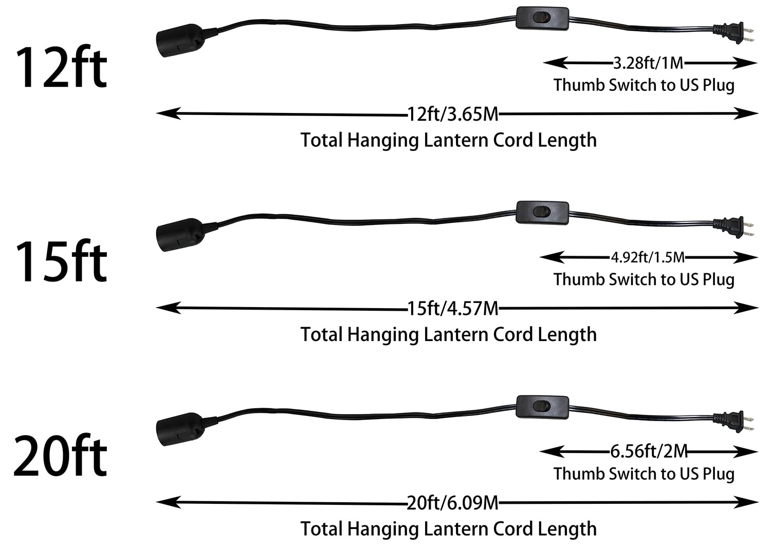 Soskakiist Lightingsky Verlängerungskabel zum Aufhängen von Laternen, Hängelampe, Kabel E26 Birnenfassung auf 2 Zinken, US AC Netzkabel mit An/Aus-Schalter UL gelistet, Schwarz, 8541688598