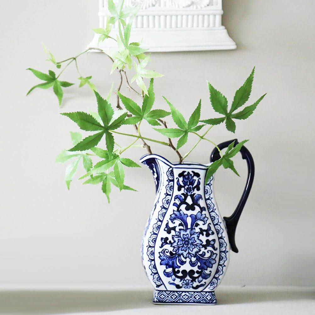 XIUWOUG Vintage Ceramic Pitcher,Retro Rustic Blue and White Pitcher Vase Distressed Flower Vase for Home Decoration Centerpieces,B