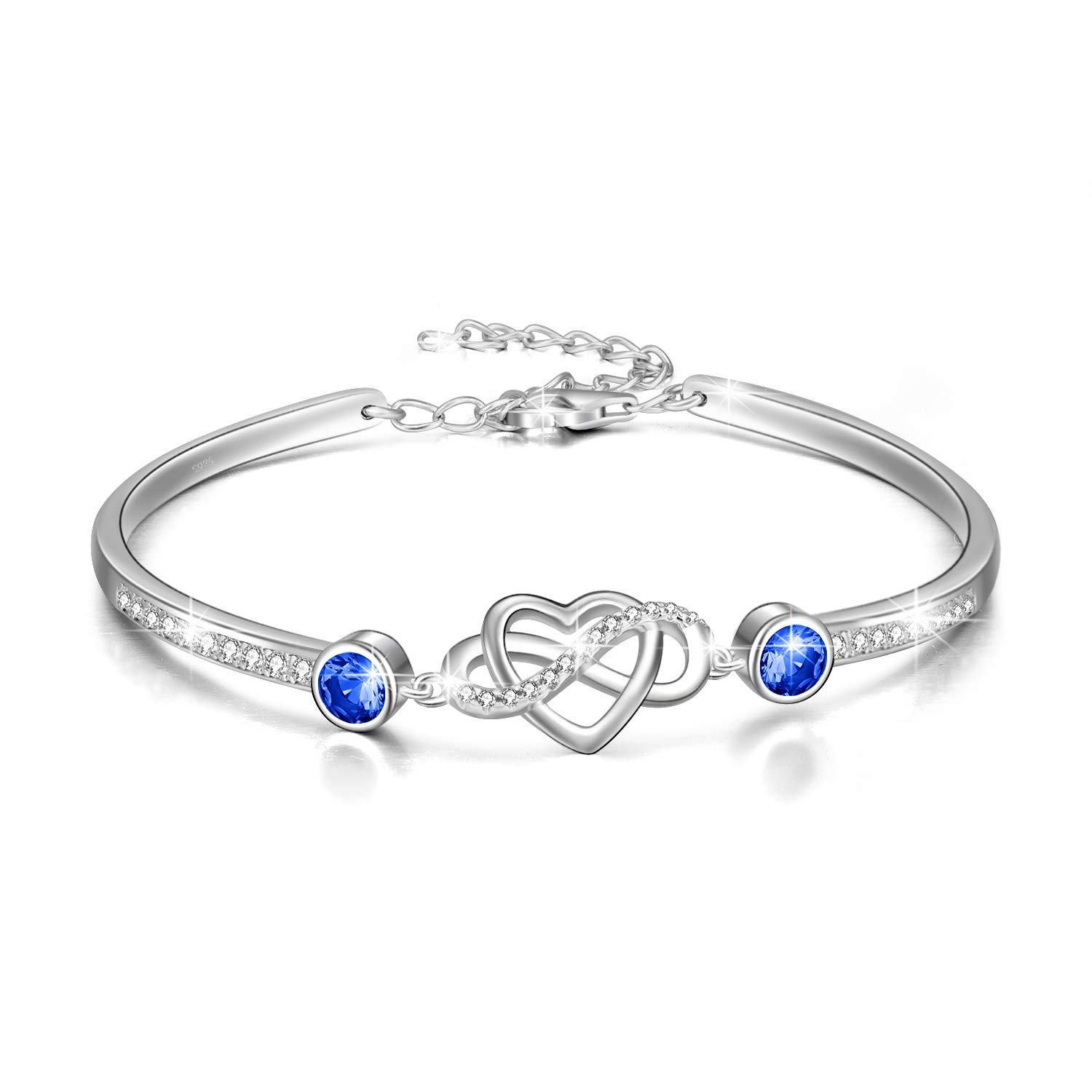 AOBOCO 925 Sterling Silver Infinity Endless Love Heart Birthstone Bangle Bracelet - I Love You Forever Series Adjustable 6-8 in Bracelet with Crystals from Austria Romantic Birthday Jewelry Gift for Women Wife Girlfriend
