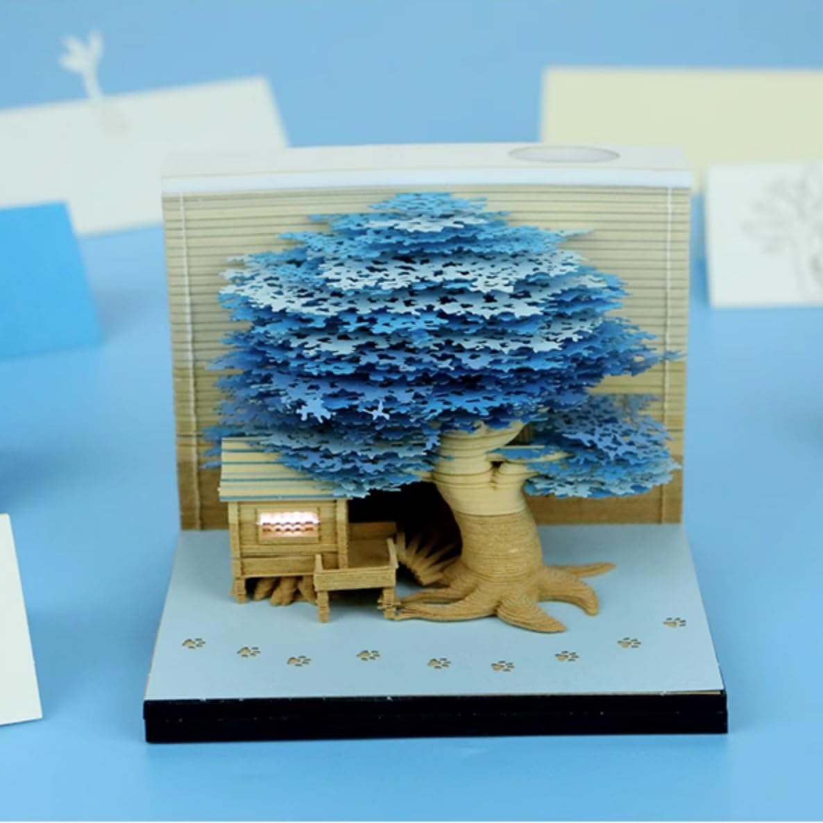 Bloc de notas 3D no pegado, diseño de casa del árbol 3D (azul) con caja de visualización transparente, 9 x 9 x 6 cm, 260 hojas, decoración de mesa