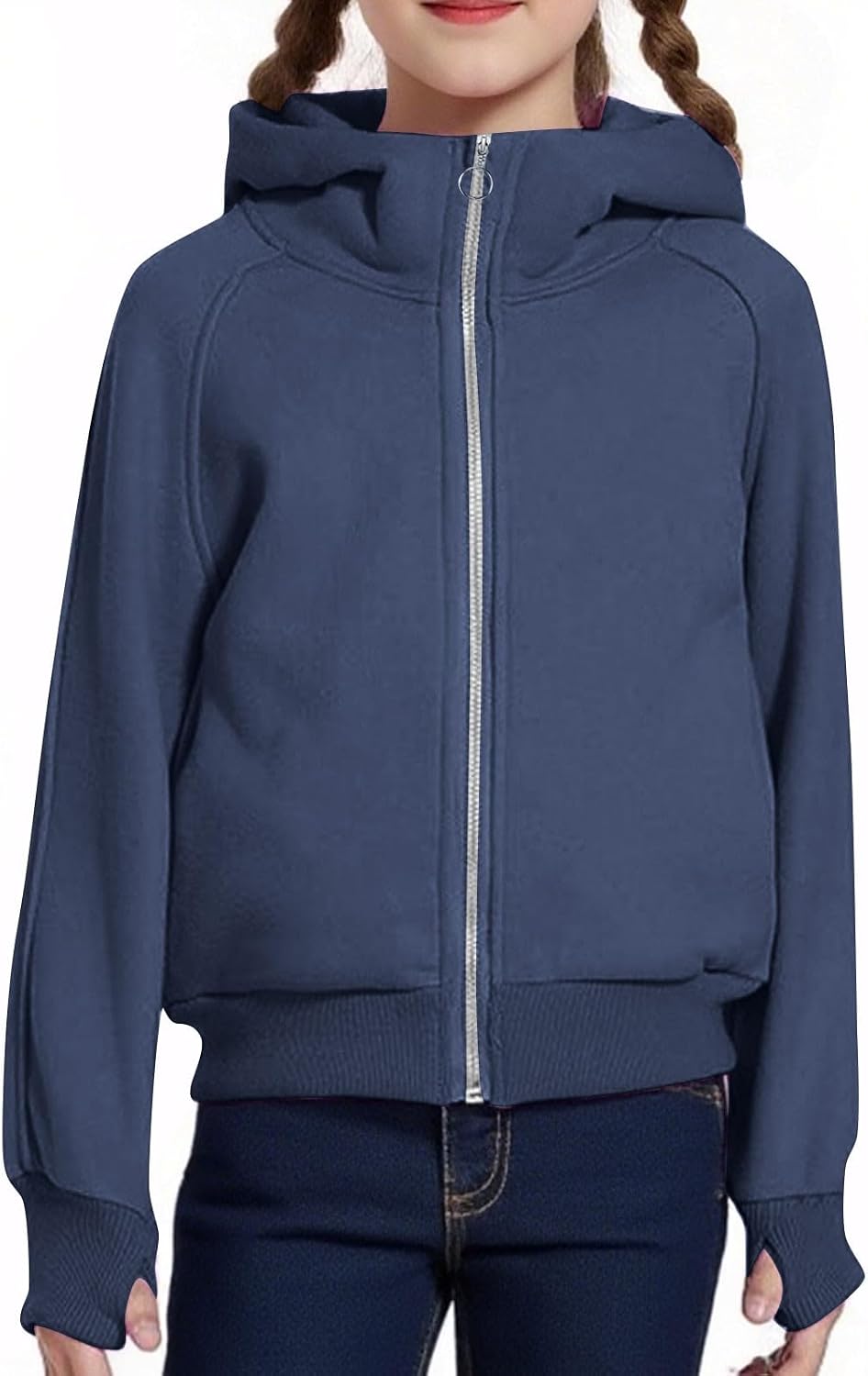 Girls Zip Up Hoodie Oversized Fleece Cropped Sweatshirt with Thumb Hole Casual Soft Long Sleeve Basic Hooded Pullover