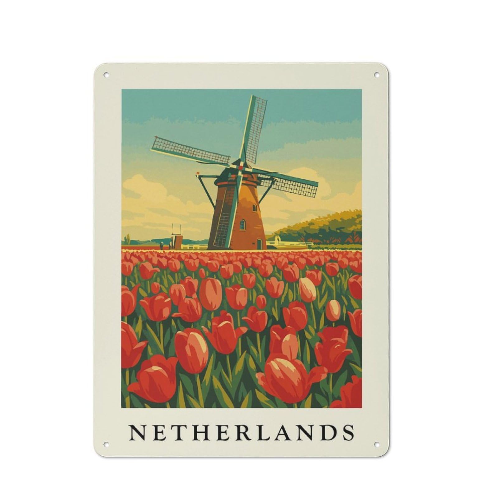 Junmoney Style-2 Netherlands Windmill And Tulips Illustration Retro Metal Wall Decor 40X30cm, Tin Wall Sign For Coffee Bar, Small Shop Or Dining Room