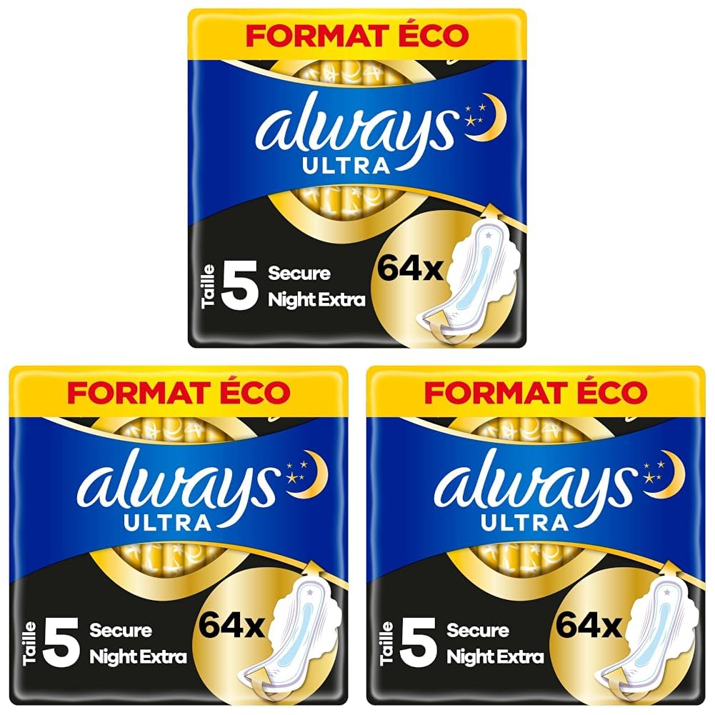 Always Ultra Serviettes Hygiéniques, Taille 5, Extra Secure Night, 64 Serviettes Avec Ailettes, Flux Très Abondants Nuit, Format Eco, Max Confort, Super Absorbantes et Ultra Fines (Lot de 3)