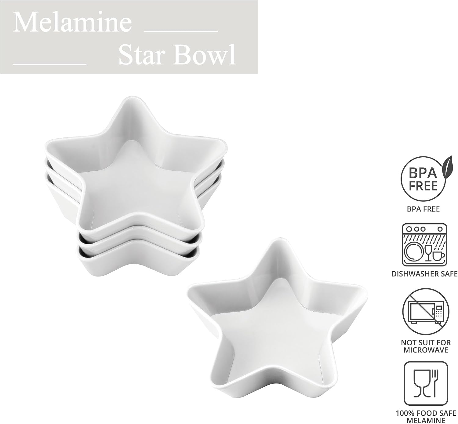 UP Patriotic Star Shaped Dessert Bowls, Melamine Small Serving Bowl for Dessert, Snack, Ice Cream, Nuts or fruit, White, 5.5 Inch, Set of 4