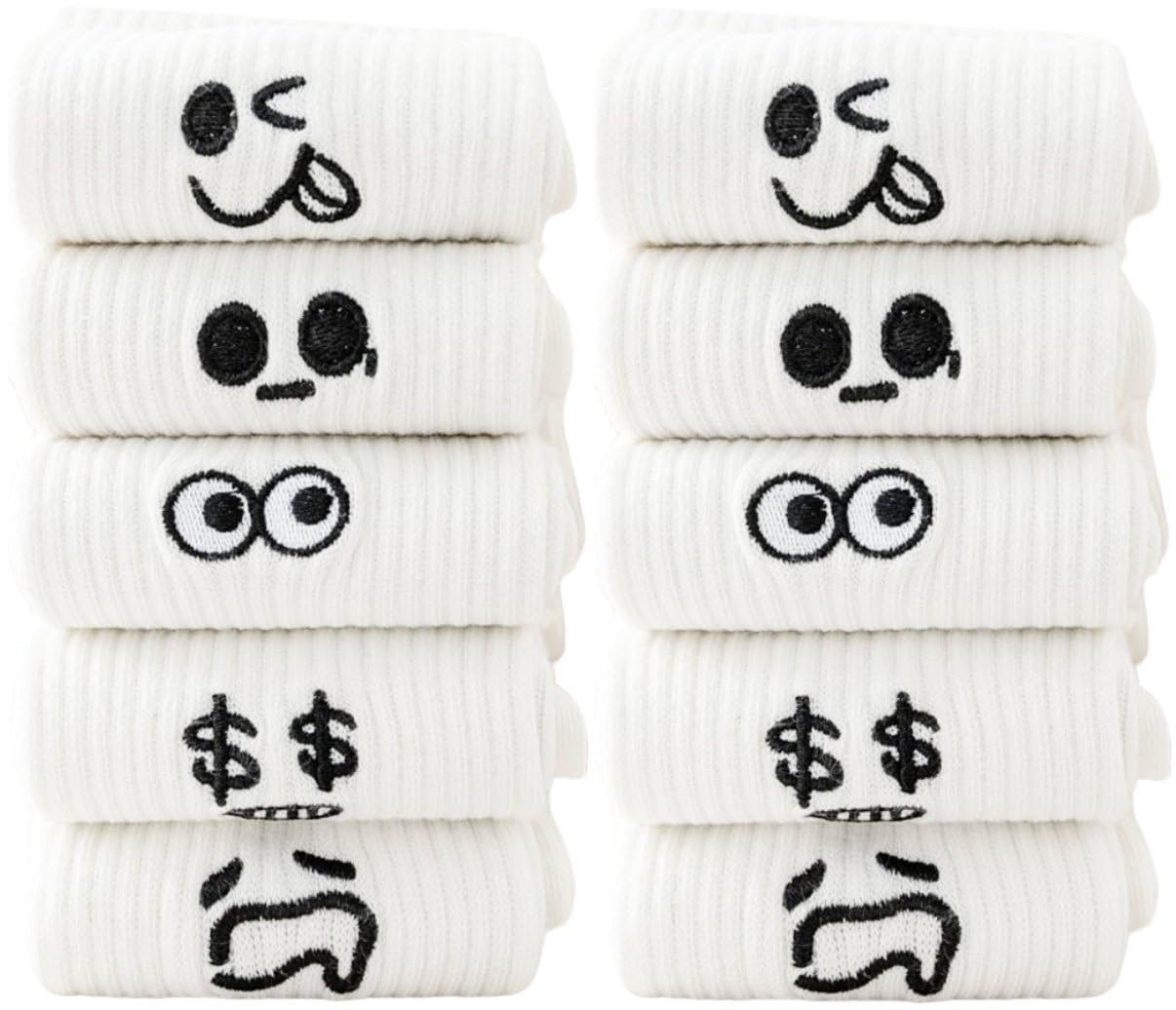 10 Pairs Cute Face Pattern Socks for Women, Cotton Striped Novelty Crew Socks with Funny Emotion Smile Designs, Comfortable Athletic Socks for Women and Girls