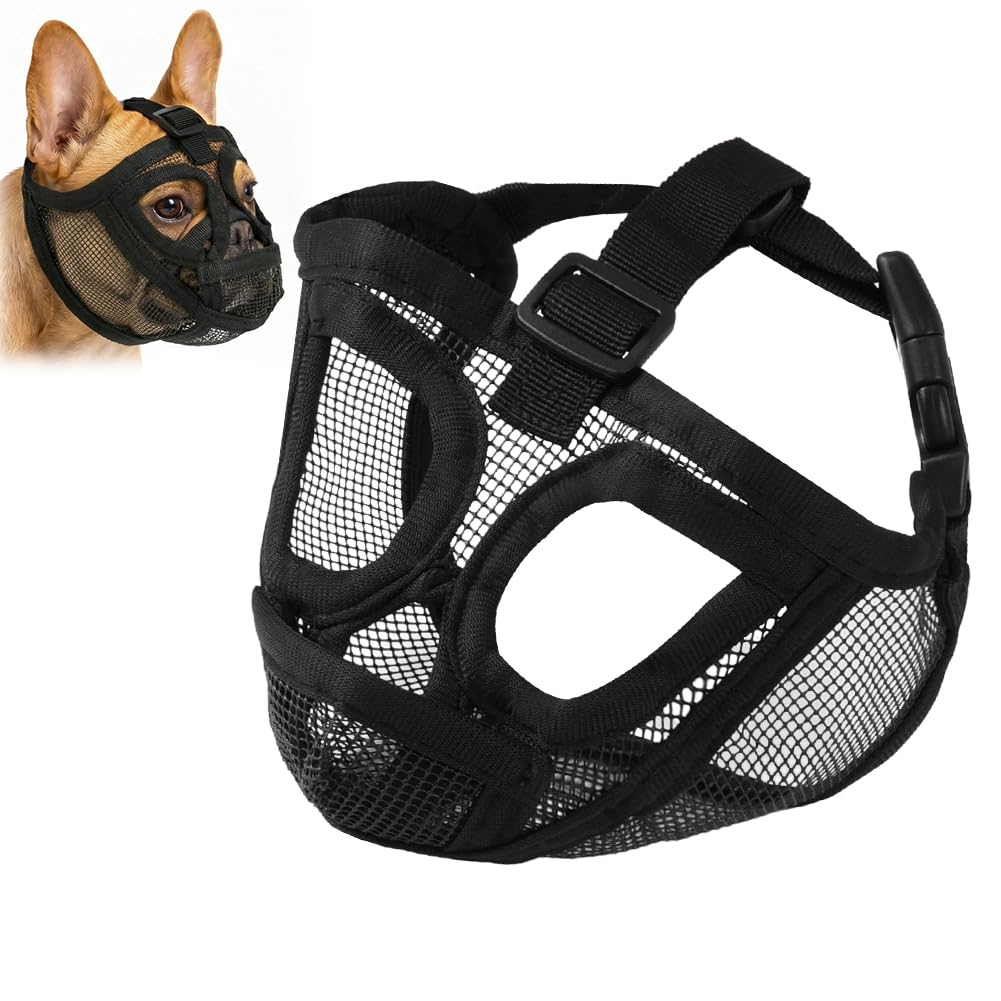 AUAUY Museruola per Cane, Museruola Resistente per Cani, Mascherina in Rete Traspirante, Prevenire i Morsi alla Corteccia, Museruolas per Shih Tzu e Bulldog inglesi, Acqua e Cibo Consentiti (Nero, S)