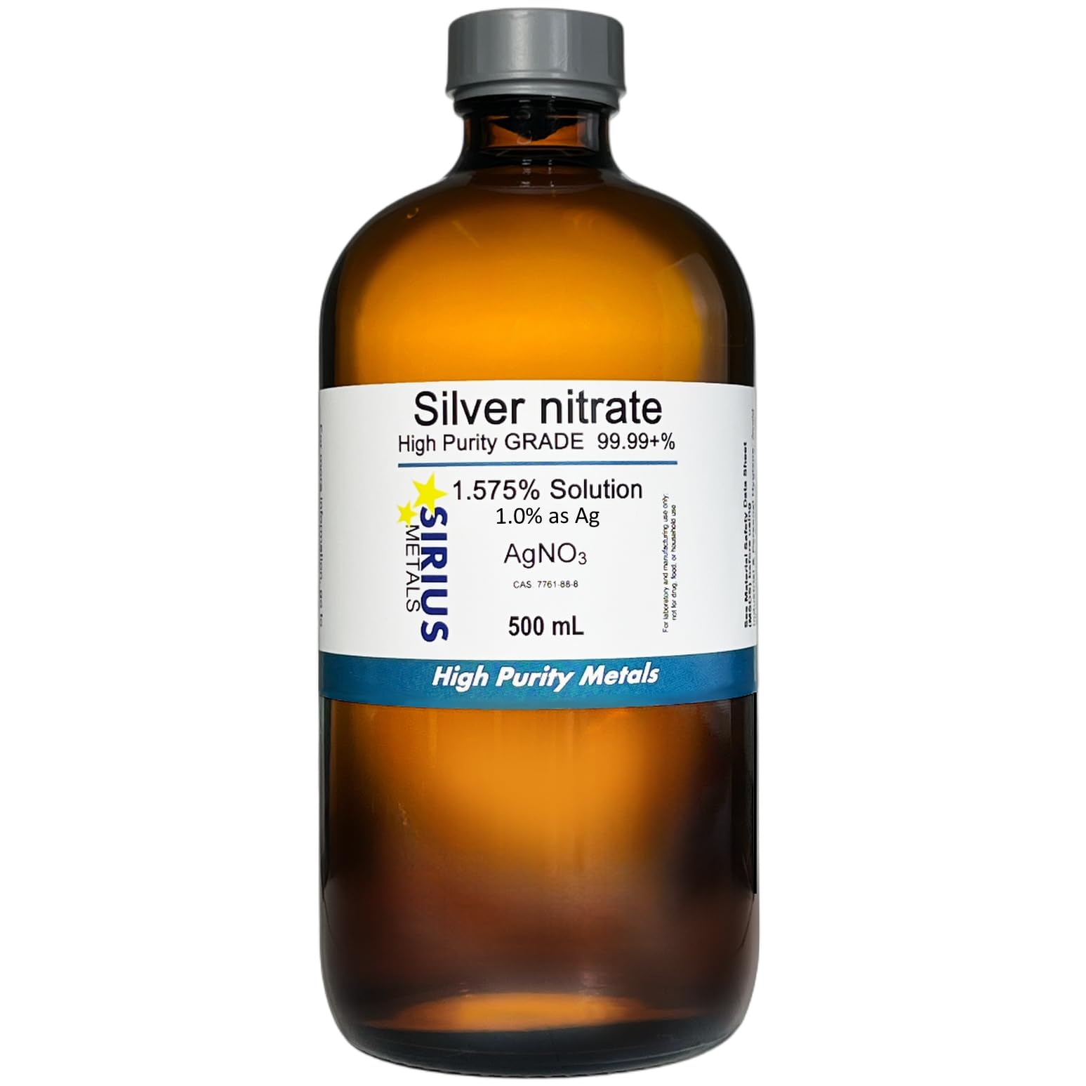 Silver Nitrate Solution (CAS# 7761-88-8) - 1.575% (w/v in Water) as AgNO3 (1.0% as Ag) - 99.99+% Purity: 500 mL in Amber Glass Bottle